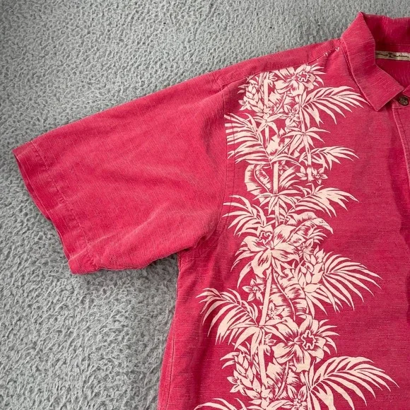 Tommy Bahama Silk Button Up Shirt Short Sleeve Hawaiian Adult Pink Palm Trees L - Picture 2 of 9